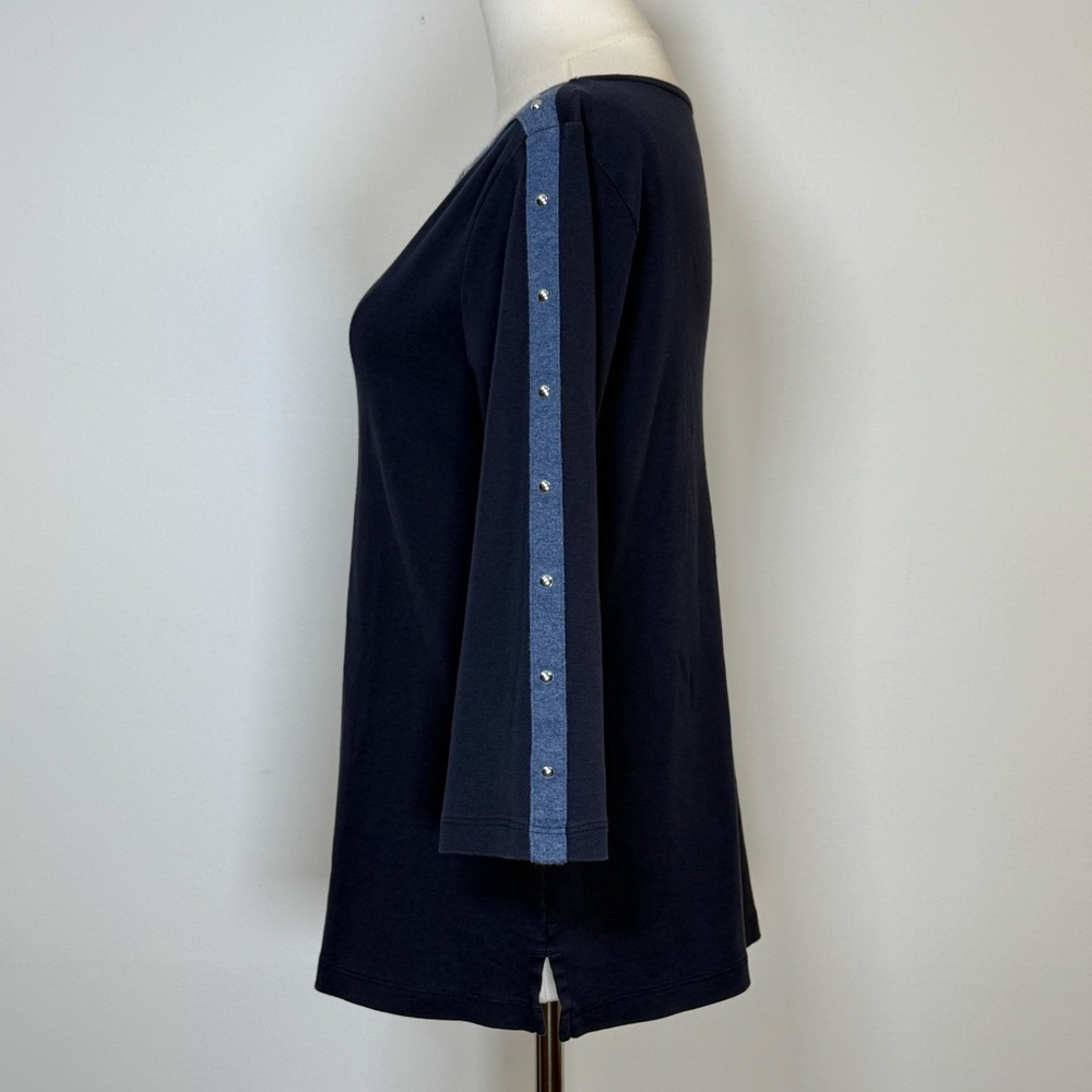Karen Scott Studded Boat Neck Cotton Top Navy 3/4 Sleeve Women’s Petite Large - Picture 3 of 7